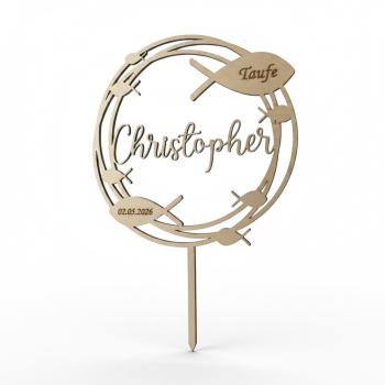 Runder Caketopper aus Birkenholz mit personalisiertem Namen, Anlass und Datum